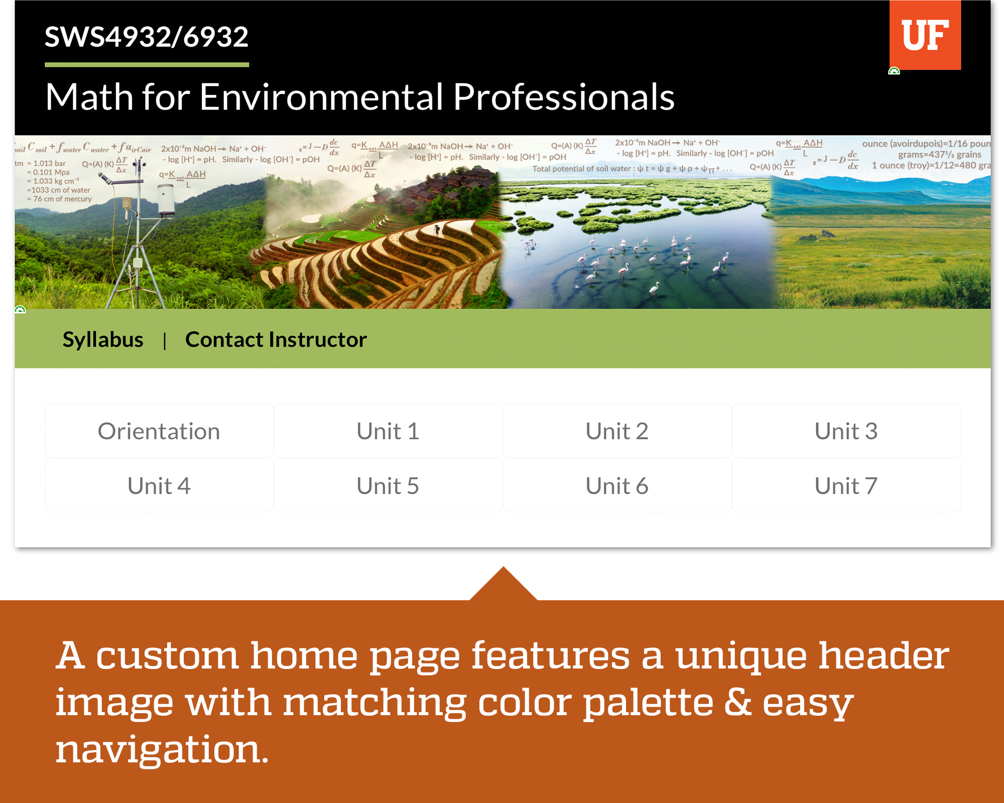 screenshot of a course home page designed by instructional designers at UF COIP