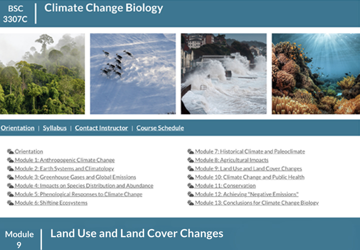 Climate Change Biology course spotlight, a course design landing page at University of Florid Center for Online Innovation and Production