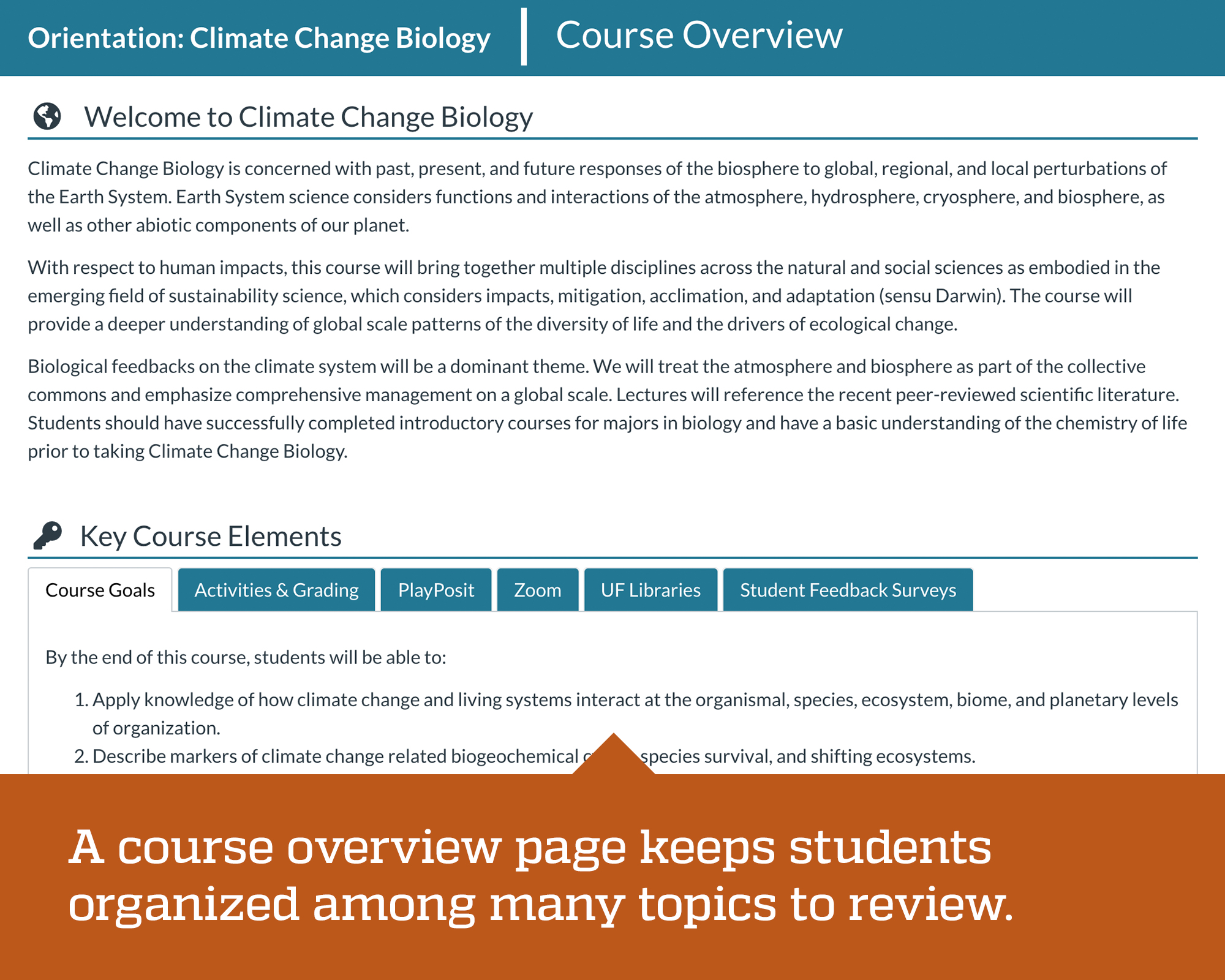 Screenshot of a course landing page designed by Center for Online Innovation and Production at University of Florida