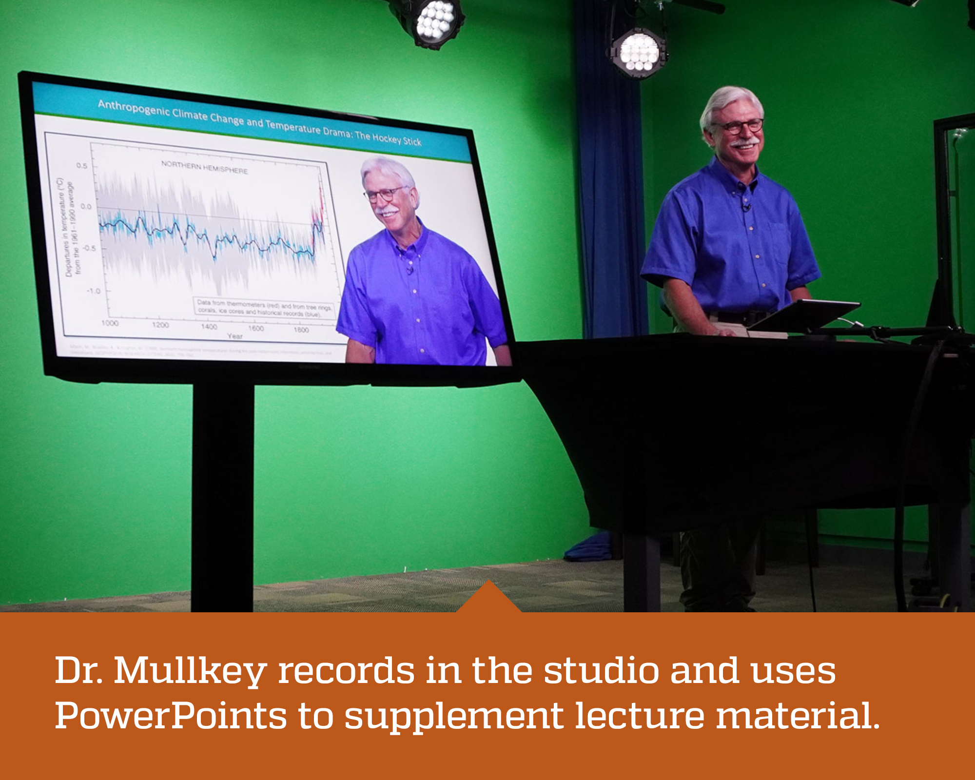 Screenshot of an instructor recording in the studio by Center for Online Innovation and Production at University of Florida