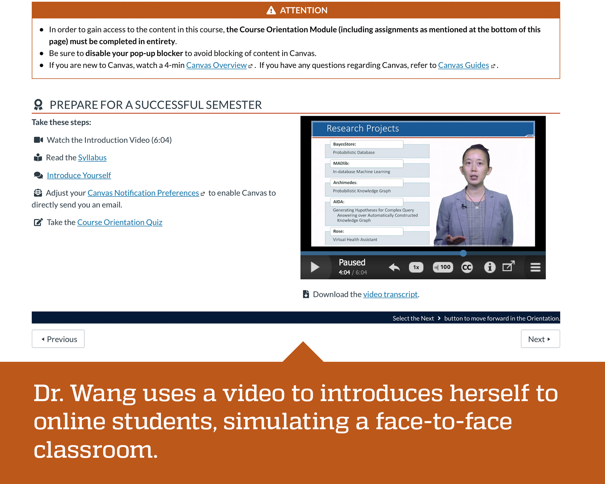 Course page with in introduction video designed by Center for Online Innovation and Production at University of Florida