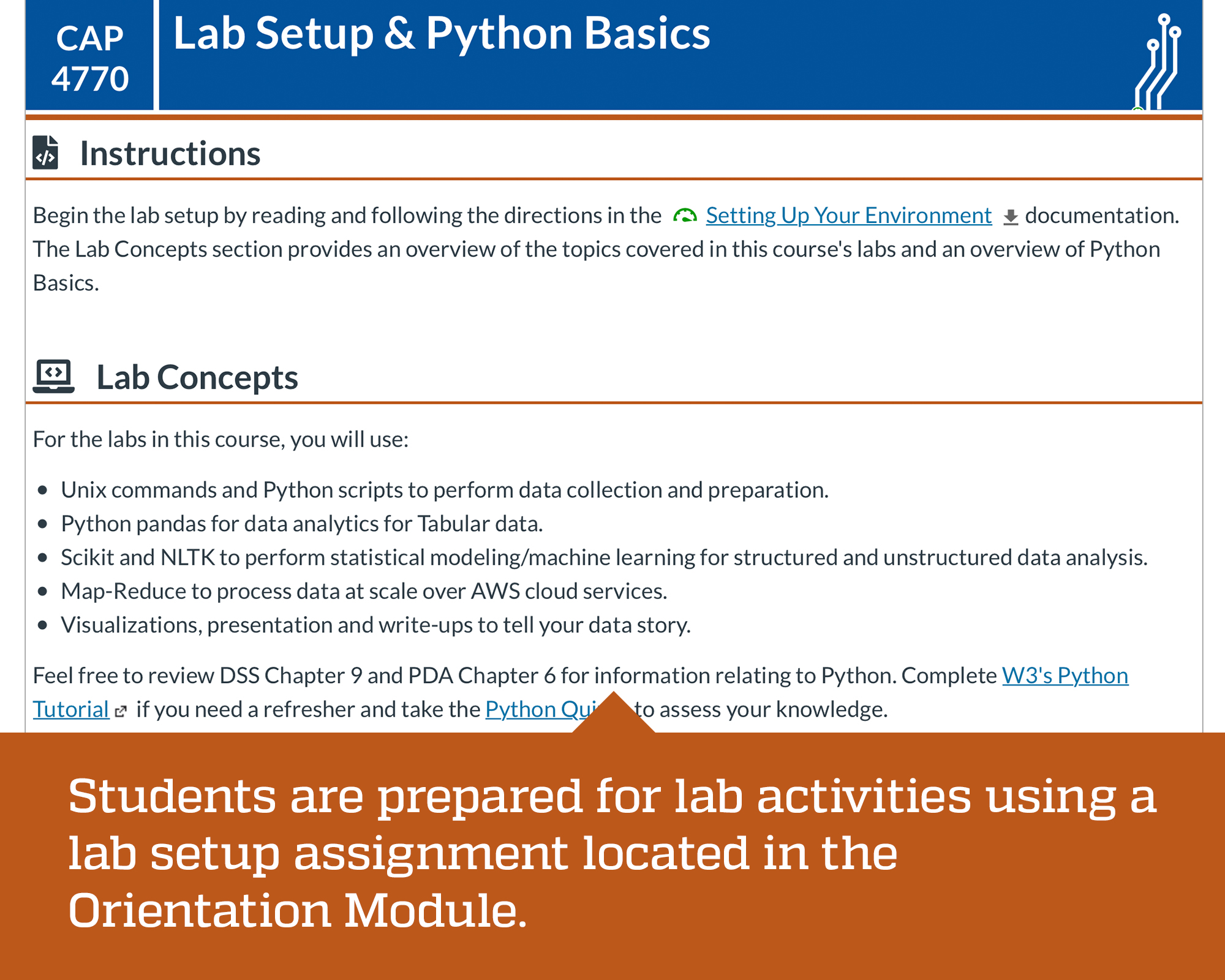 Course lab basics page designed by Center for Online Innovation and Production at University of Florida