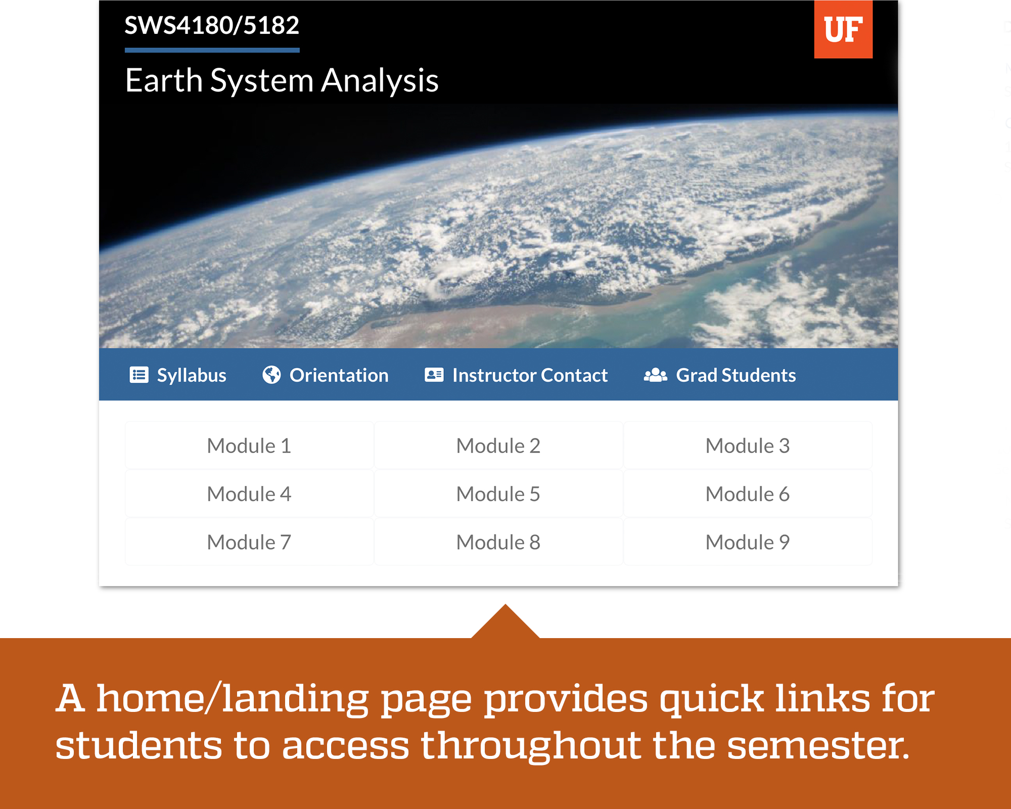 Course landing page of course design at Center for Online Innovation and Production at UF