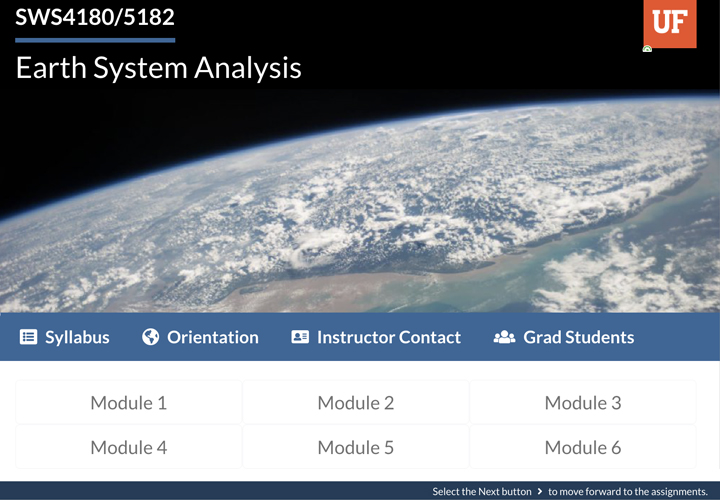 Earth System Analysis course spotlight, a course design landing page at University of Florid Center for Online Innovation and Production